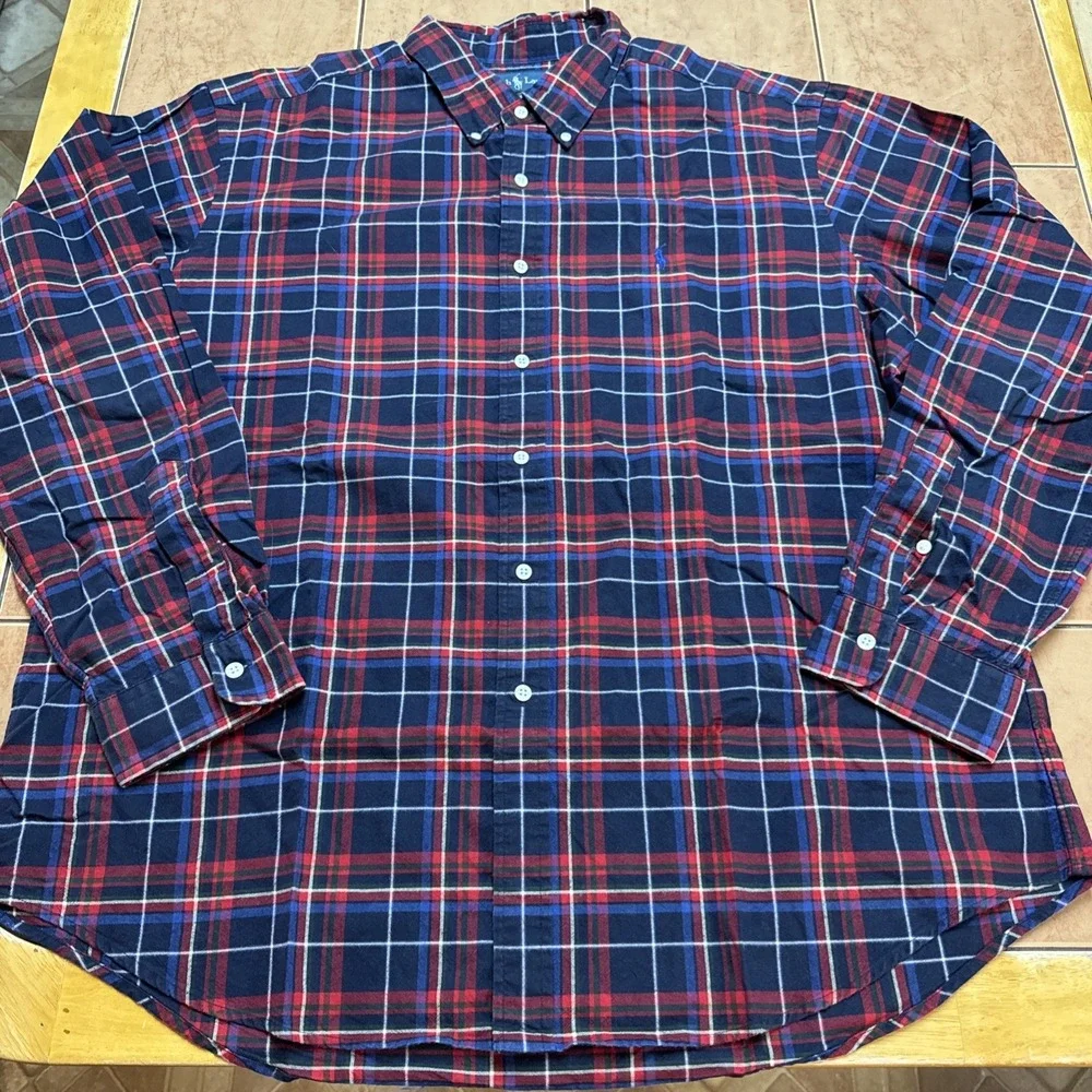 Polo Ralph Lauren Mens XXL Classic Fit Red Blue Plaid Cotton Flannel Button Down